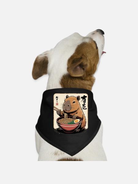 Capybara Ramen Art with Chopsticks - Dog Bandana - black - Front