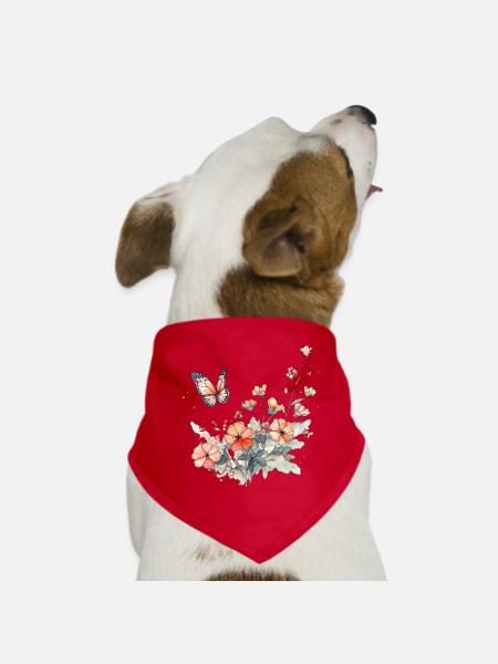 Flowers + butterfly - minimally abstract - Dog Bandana - red - Front