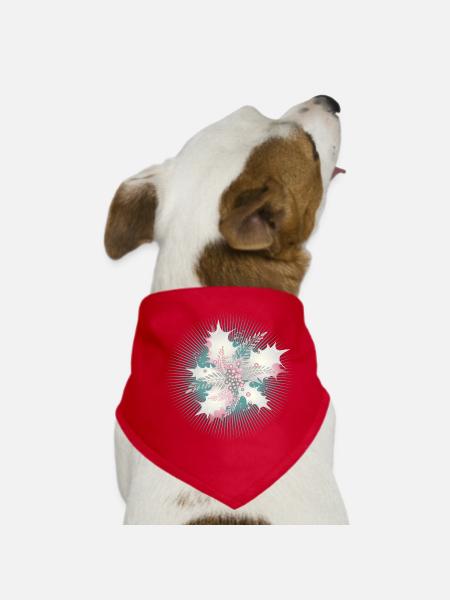 Holly branch in white, silver, green and dusky pink - Dog Bandana - red - Front