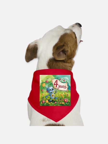 4 Jahre Kleiner süßer Roboter auf der Blumenwiese - Hunde-Bandana - Rot - Vorne