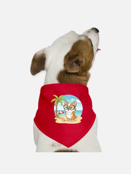 Corgi mignon avec des lunettes vacances d’été sur la plage - Bandana pour chien - rouge - Devant