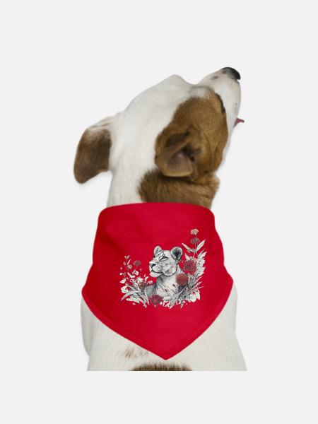 Lioness with Flowers – Powerful Girl Power Motif - Dog Bandana - red - Front