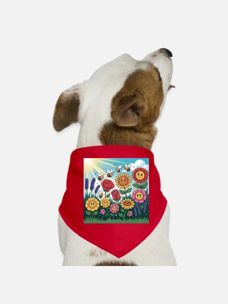 Sunny Flower Garden with Bee - Dog Bandana - red - Front