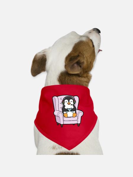 Gamer Penguin Bird Playing Video Games - Dog Bandana - red - Front