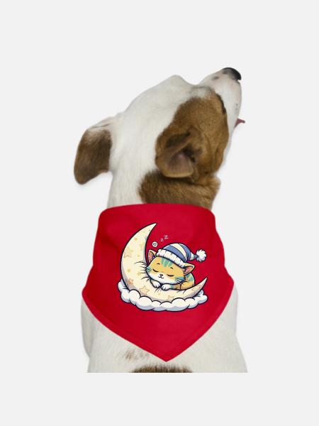 Chat de lune rêvant sur une lune étoilée - Bandana pour chien - rouge - Devant