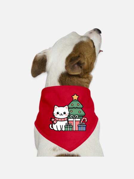 Kawaii Christmas Cat with Gifts - Dog Bandana - red - Front