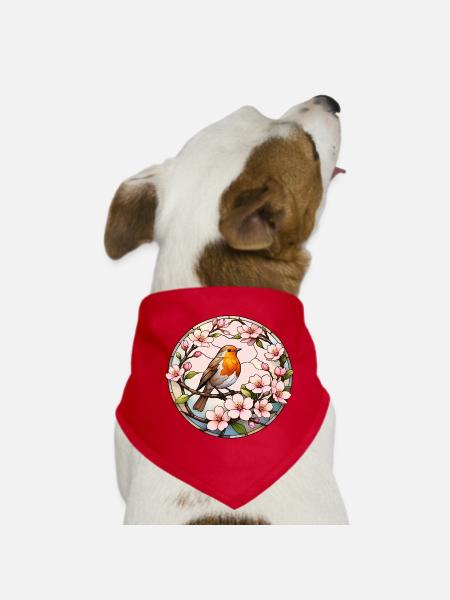 Rouge-gorge avec motif printanier en fleurs de cerisier - Bandana pour chien - rouge - Devant