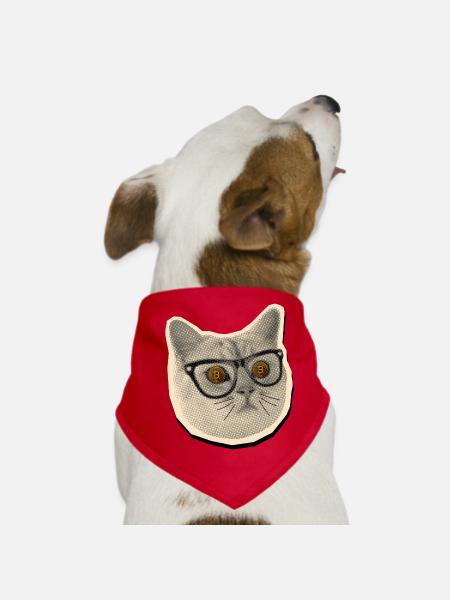 Comic Cat with Bitcoin Glasses - Dog Bandana - red - Front