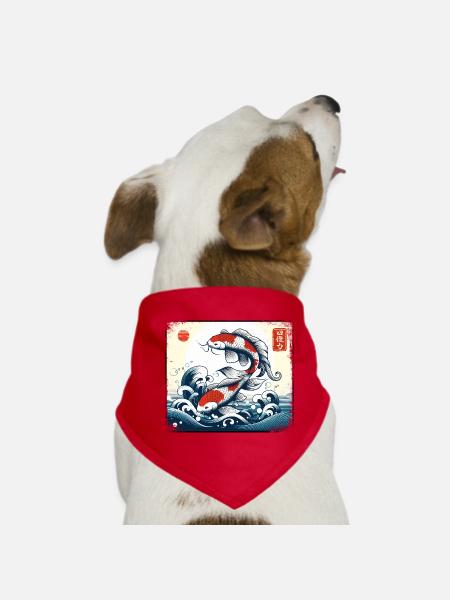 Koi Carp Cresting Waves Japanese Art Japan Fan - Dog Bandana - red - Front