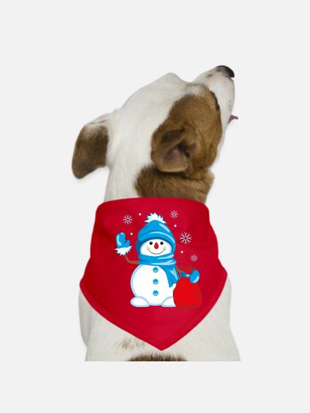 Waving snowman with a bag of gifts - Dog Bandana - red - Front
