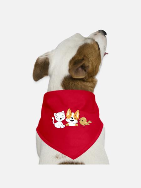Smiling_white_kitten-_Corgi_puppy_and_birdie - Dog Bandana - red - Front