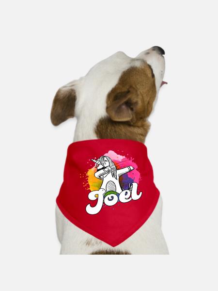 JOEL - Beau nom de garçon avec licorne cool - Bandana pour chien - rouge - Devant