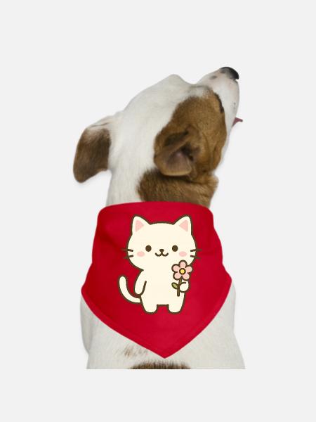 Cute Cat with Flower  - Dog Bandana - red - Front