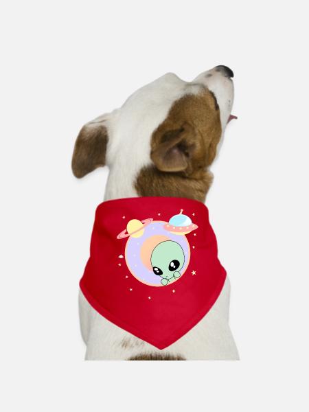 Chibi Alien Kawaii Pastell Niedlicher Grüner Mann Weltraum UFO - Hunde-Bandana - Rot - Vorne