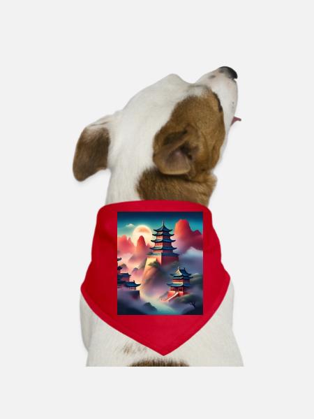 Japanese castles on mountains - Dog Bandana - red - Front