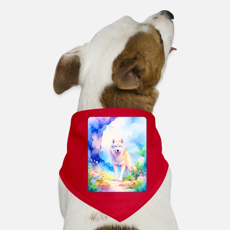 Loup blanc entouré de fleurs - Bandana pour chien - rouge