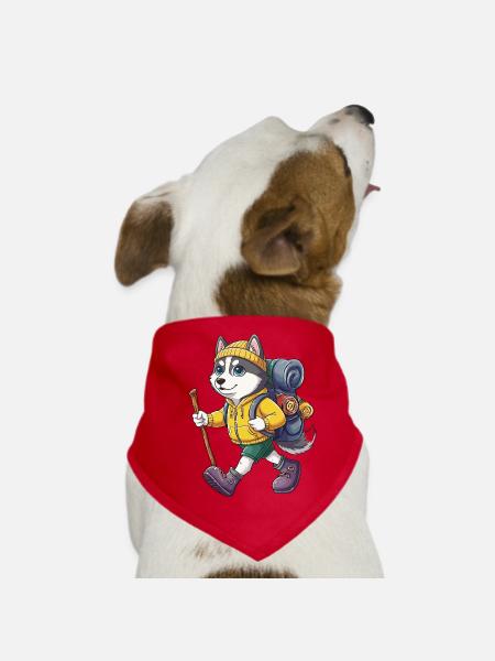 Cute Husky Dog Hiking Camping Adventure Backpacker - Dog Bandana - red - Front