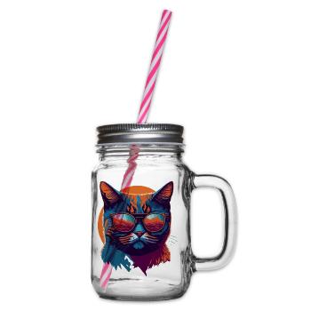 Rebel Paws: Retro Cat T-Shirt Art - Glass jar with handle and screw cap - clear - Right