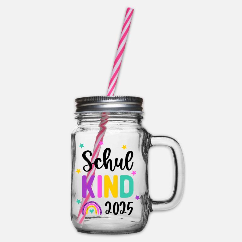 Schulkind 2025 Einschulung Regenbogen Schule - Henkelglas mit Schraubdeckel - Klar