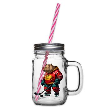 Nilpferde Eishockeyspieler / Hockey Flusspferd - Henkelglas mit Schraubdeckel - Klar - Rechts