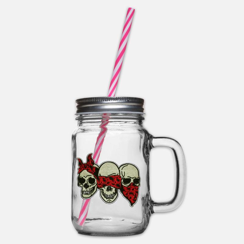 Three Skulls with Red Eye Mask / Three Skulls - Glass jar with handle and screw cap - clear