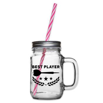Best player (Dartpfeil, drei Sterne, Lorbeerkranz) - Henkelglas mit Schraubdeckel - Klar - Rechts