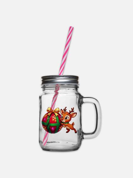 Rentiere und Weihnachtsschmuck - Henkelglas mit Schraubdeckel - Klar