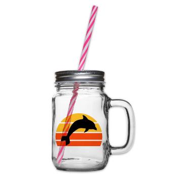 Springender Delphin vor einer geteilten Halbsonne - Henkelglas mit Schraubdeckel - Klar - Rechts