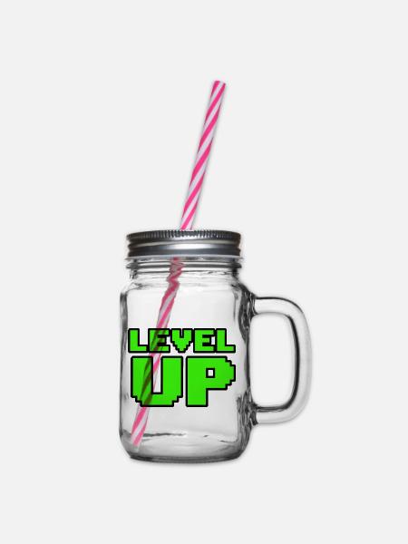 Retro Level Up Gaming T-Shirt 8Bit - Henkelglas mit Schraubdeckel - Klar