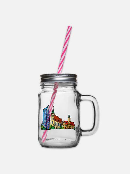 Bunte Leipziger Skyline im Kinderstil - Henkelglas mit Schraubdeckel - Klar