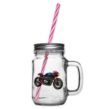 Café Racer Kunstmotorrad BlauRot Gold - Henkelglas mit Schraubdeckel - Klar - Rechts