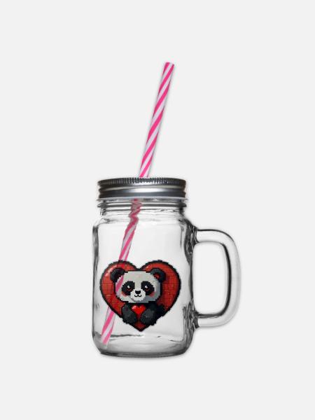 Pixel-Panda mit großem Herz - Henkelglas mit Schraubdeckel - Klar