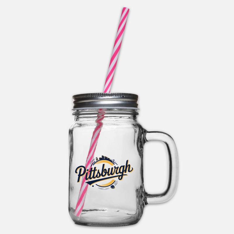 Pittsburgh Skyline and Bridge Script Logo in Bold - Glass jar with handle and screw cap - clear