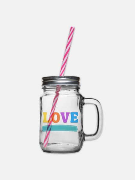 LOVE bunt - Henkelglas mit Schraubdeckel - Klar