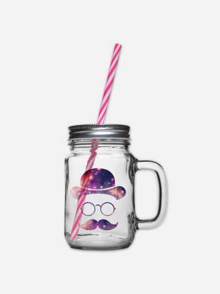 Retro Gesicht mit Moustache & Brille / Universum - Henkelglas mit Schraubdeckel - Klar
