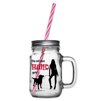 Hund Gassi Gehen Frau - Henkelglas mit Schraubdeckel - Klar - Rechts