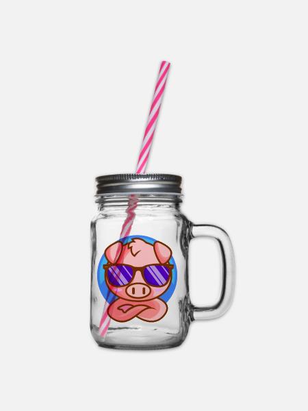 Kleines Ferkel mit Sonnenbrille - Henkelglas mit Schraubdeckel - Klar