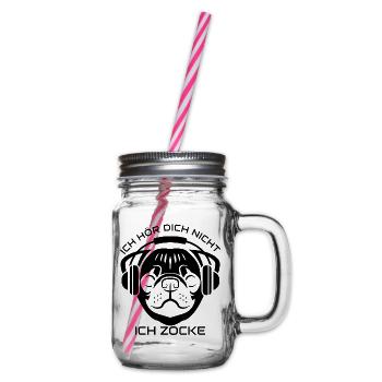 Zocken Kopfhörer Hund Gamer Spielen Geschenk - Henkelglas mit Schraubdeckel - Klar - Rechts