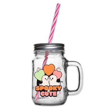 Spooky October Cute Halloween Ghost - Glass jar with handle and screw cap - clear - Right