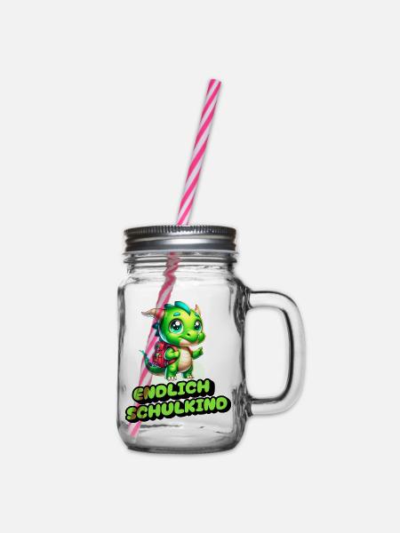 Endlich Schulkind - kleiner Drache zur Einschulung - Henkelglas mit Schraubdeckel - Klar