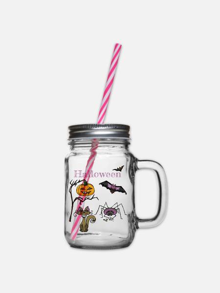 Halloween Kürbis und Fledermaus Design - Henkelglas mit Schraubdeckel - Klar