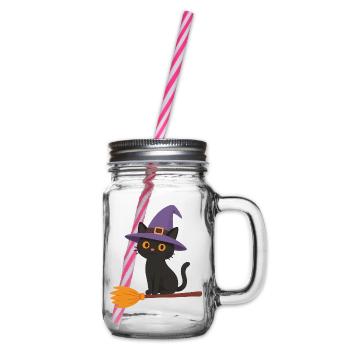 Hexe auf Besen - Henkelglas mit Schraubdeckel - Klar - Rechts