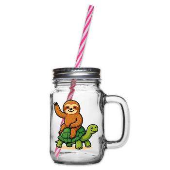 Lustiges Faultier auf Schildkröte - Henkelglas mit Schraubdeckel - Klar - Rechts