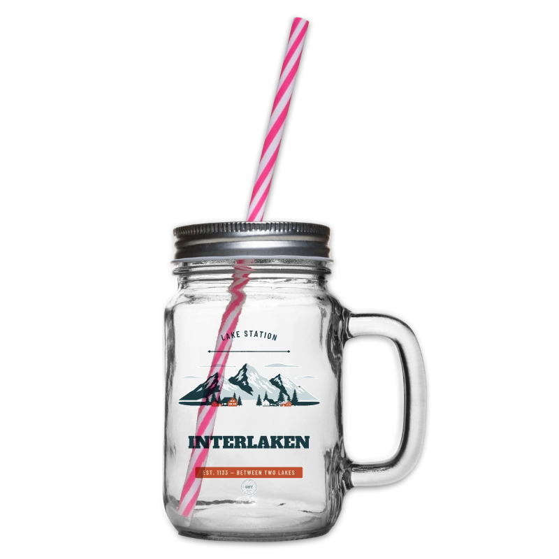 Interlaken badge on a glass jar with handle and screw cap