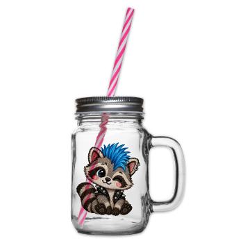 Punk Waschbär mit blauem Iro – Stickmotiv Optik - Henkelglas mit Schraubdeckel - Klar - Rechts