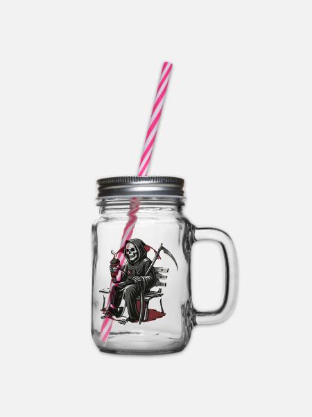 Grim Reaper Kaffee auf Bank - Henkelglas mit Schraubdeckel - Klar