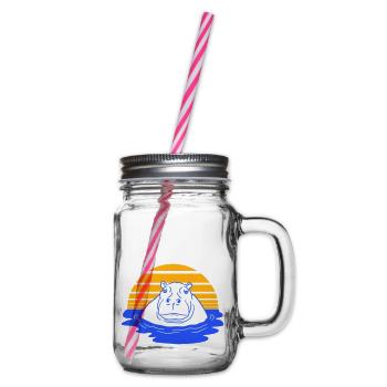 Hippopotamus Swimming Water Sun Cute Comic Cartoon - Glass jar with handle and screw cap - clear - Right