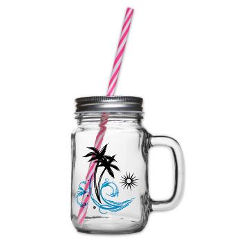 Palm trees with wave and sun, vacation, surf - Glass jar with handle and screw cap - clear - Right
