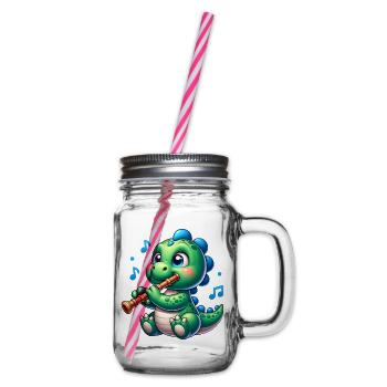 Cute Dino Playing Flute Design - Glass jar with handle and screw cap - clear - Right