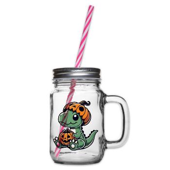 Süßer Halloween Dino T-Rex Cartoon Kürbis - Henkelglas mit Schraubdeckel - Klar - Rechts